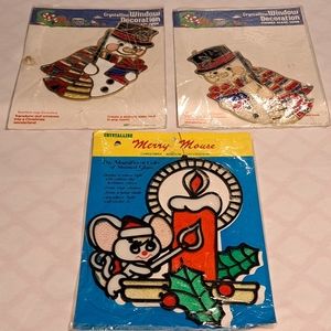 Vintage Christmas Window Hangings Bundle Merry Mouse & Snowman